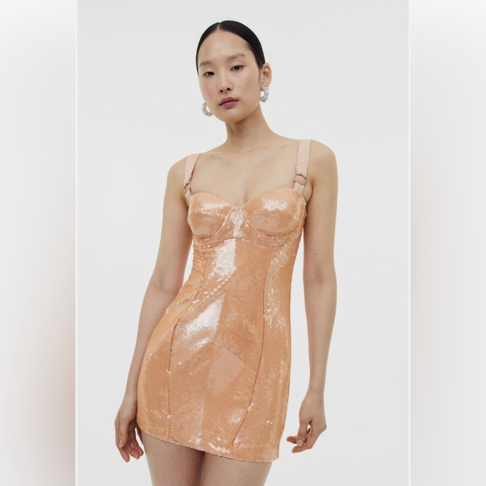 H&M studio 2023 beige bodycon sequin mini dress
